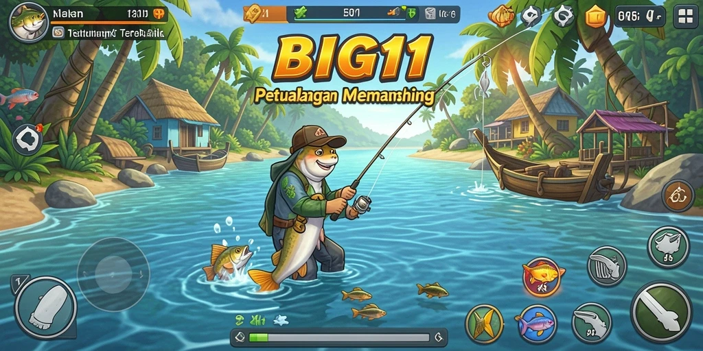 Screenshot gameplay BIG11 yang menunjukkan petualangan memancing yang seru.
