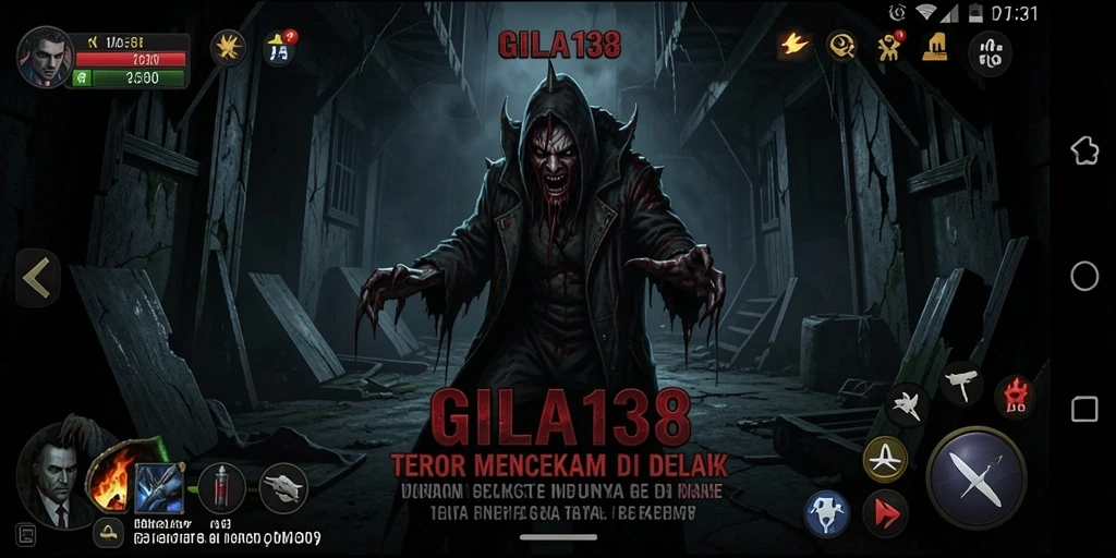 Screenshot gameplay GILA138 dengan elemen horor yang mencekam.