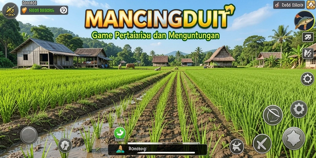 Screenshot gameplay MANCINGDUIT menampilkan momen memancing dan bertani.